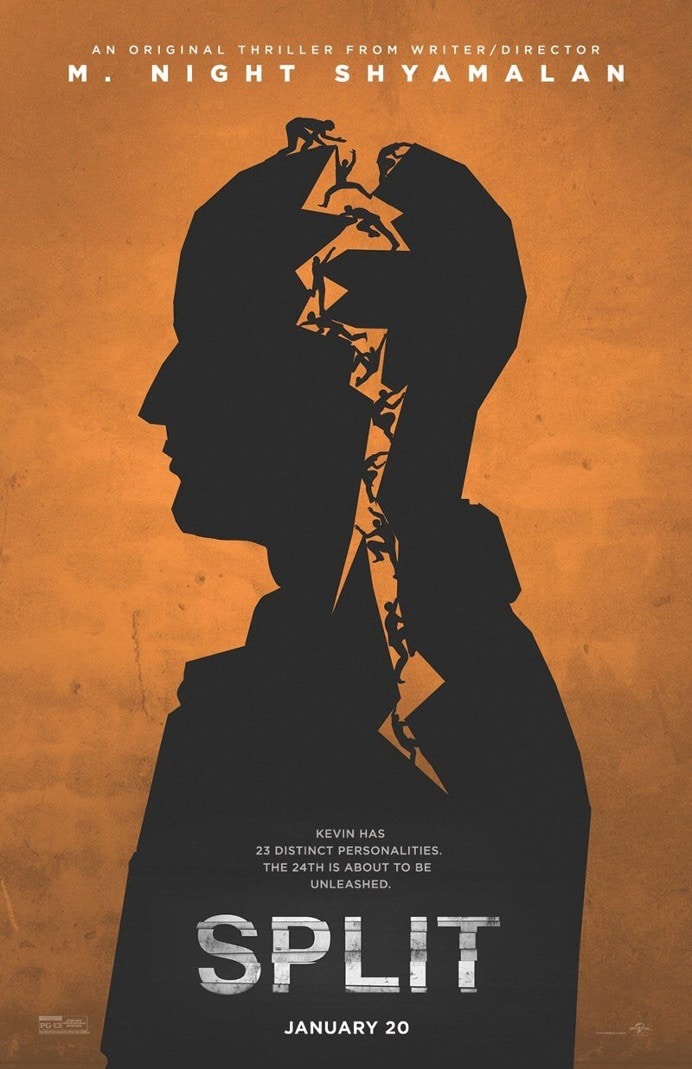 Poster del film Split. Silhouette di profilo di un uomo, spezzata a metà, su sfondo arancione.
