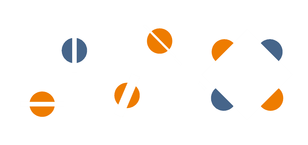Semicerchi arancioni e blu su sfondo bianco.